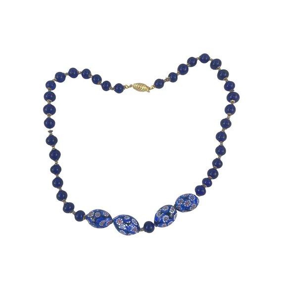 Vintage Blue Italian Millifore Bead Necklace With Floral Accents & Gold Clasp - Picture 10 of 11
